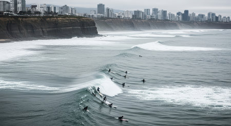 Surfers riding waves near coastal city skyline under cloudy skyの素材
