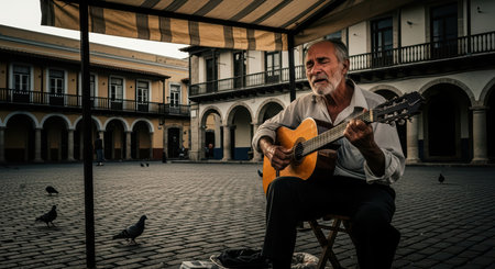 Elderly caucasian male street musician playing guitar in historic plaza settingの素材
