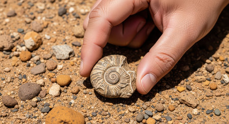 Hand holding spiral fossil on rocky groundの素材