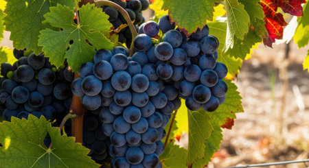 Vibrant purple grapes on vine with lush green leaves in sunlit vineyardの素材
