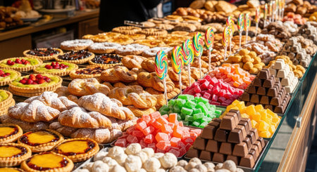 Colorful display of pastries, candies, and treats in a bakery shopの素材