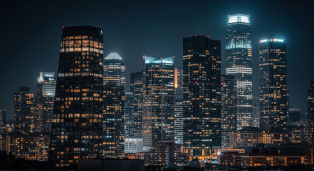 Illuminated night skyline of modern city skyscrapers with glowing windowsの素材