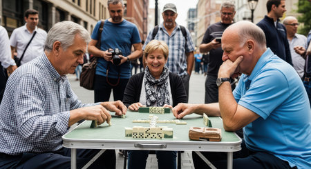Outdoor domino game with mature caucasian individuals on city streetの素材