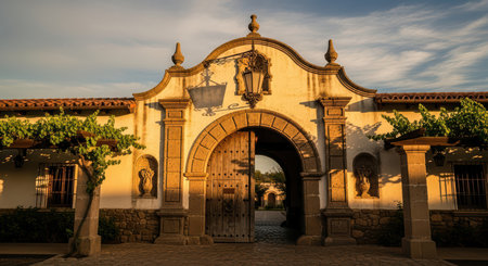 Historic spanish mission at sunset with open wooden doors and arched entranceの素材