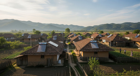 Rustic rural village with solar panels and mountainous landscape at duskの素材