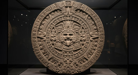 Aztec sun stone exhibit: intricate carvings in museum displayの素材