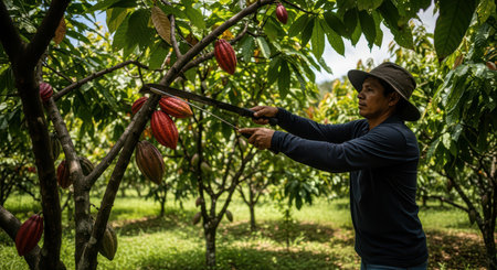 Hispanic male farmer harvesting cocoa pods in lush plantation settingの素材