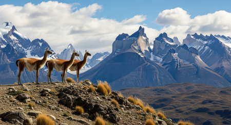 Three guanacos grazing amidst majestic patagonia mountainsの素材