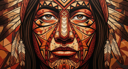 Intricate tribal face paint on female in vibrant colors and feathered headwearの素材