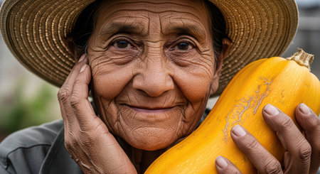 Elderly hispanic woman with straw hat holding a large squashの素材