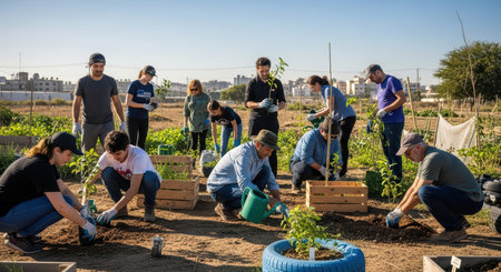 Diverse group participating in community gardening on a sunny dayの素材