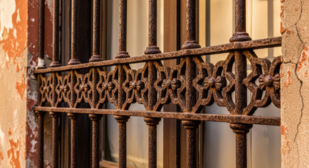Rustic iron grate with intricate floral design on weathered wallの素材