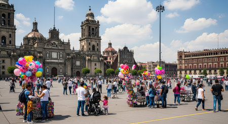 Vibrant zÃ³calo square with visitors and balloon vendors in mexico cityの素材