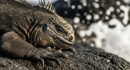 Marine iguana resting on rocky shore with ocean waves in backgroundの素材