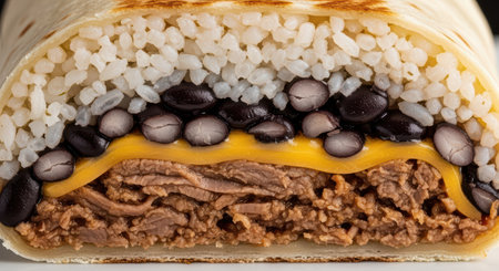 Cross-section of hearty beef burrito with rice, beans, and cheeseの素材