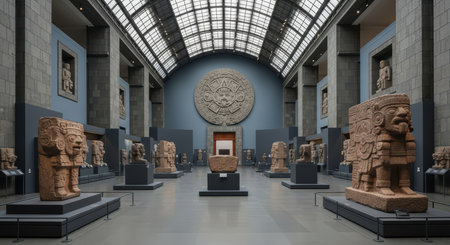 Ancient aztec stone sculptures in a grand museum galleryの素材