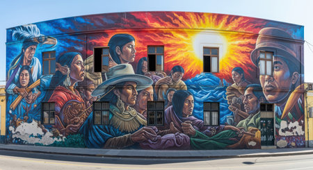 Vivid hispanic mural depicting cultural heritage and history in colorful urban artの素材