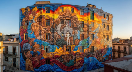 Colorful street mural on building facade depicting cultural diversity and unityの素材