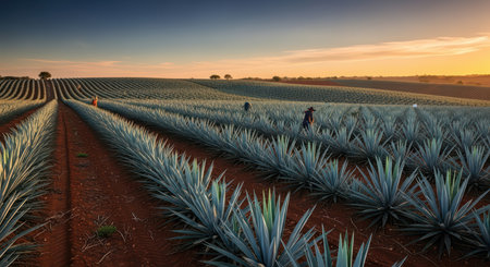 Agave fields at sunset with workers harvesting in rural landscapeの素材