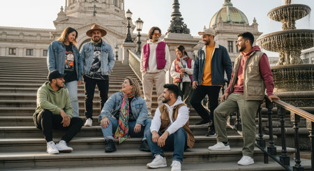 Diverse group of young hispanic adults socializing on urban stepsの素材