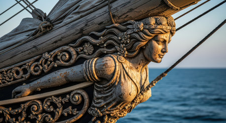 Ornate wooden figurehead of a classic sailing vessel at seaの素材