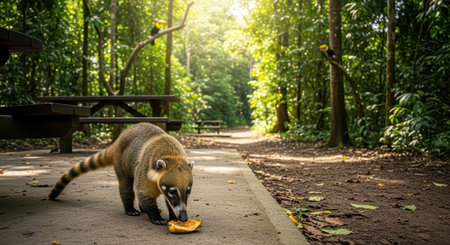 Coati eating in lush forest park with picnic tables during daytimeの素材
