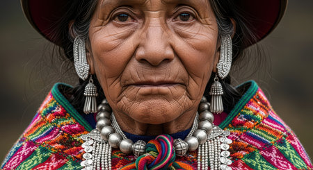Elderly indigenous woman in traditional colorful attire with silver jewelryの素材