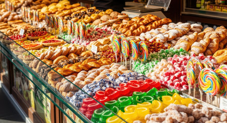 Colorful bakery and candy display at outdoor market stallの素材