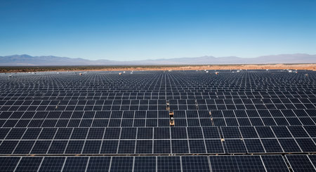 Expansive solar panel farm under clear blue sky in desert landscapeの素材