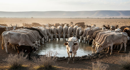 Herd of cattle gathering at waterhole in dry african landscape at sunsetの素材