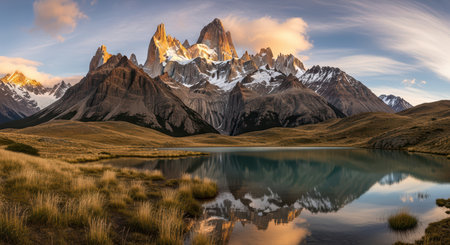 Majestic patagonian mountains reflecting in tranquil lake at sunriseの素材