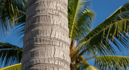 Close-up of palm tree trunk with green leaves against blue skyの素材