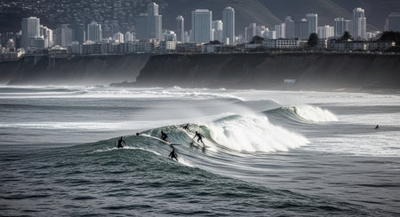 Group of surfers riding waves near urban skyline at daytimeの素材