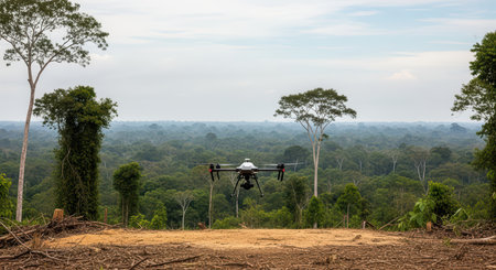Drone surveying lush rainforest canopy in remote tropical jungleの素材