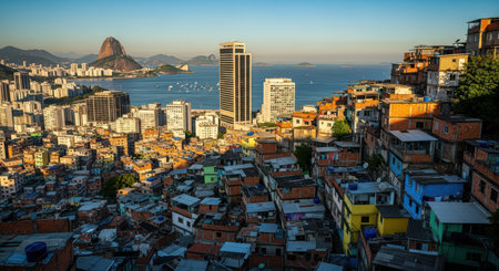 Vibrant favelas overlooking rio de janeiro's urban landscape and coastlineの素材