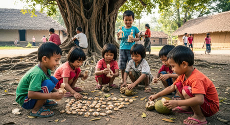 Asian children playing traditional game with seeds outdoors in village settingの素材