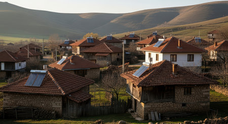 Traditional village landscape with stone houses and tiled roofs in mountainous regionの素材