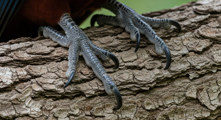 Close-up of bird talons gripping tree branchの素材