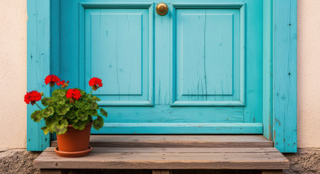 Vibrant red geraniums in pot by rustic turquoise door on wooden stepsの素材