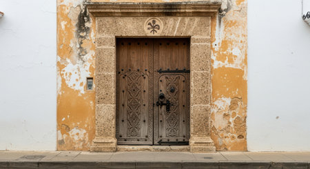 Ornate wooden door with stone frame and decorative elements in weathered wallの素材