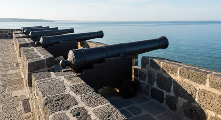 Historic cannons on coastal fortress overlooking the oceanの素材