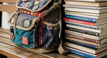 Colorful vintage backpack and stack of books on a wooden benchの素材