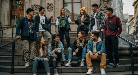 Diverse group of young adults socializing on urban steps near fountainの素材