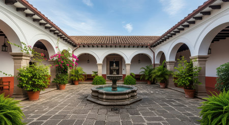 Colonial courtyard with central fountain and arched walkwaysの素材