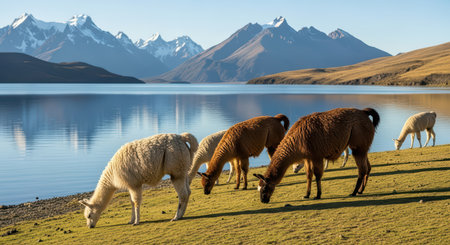 Grazing llamas by mountain lake in serene landscape with snow-capped peaksの素材