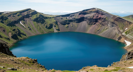 Stunning crater lake surrounded by majestic mountain scenery in clear weatherの素材