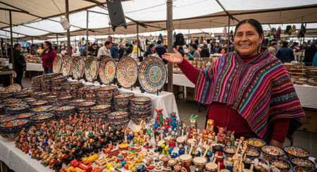 Hispanic adult female vendor showcasing colorful handcrafted pottery and figurines at outdoor marketの素材