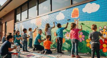 Children painting colorful mural on school wallの素材