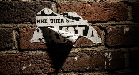 Torn paper on brick wall with dramatic lighting and shadow playの素材
