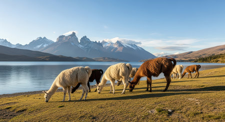 Grazing llamas by tranquil lake with majestic mountain range in the backgroundの素材